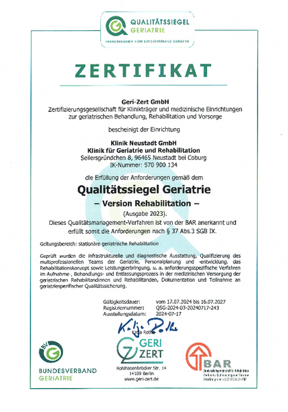 Zertifikat Qualitätssiegel Geriatrie