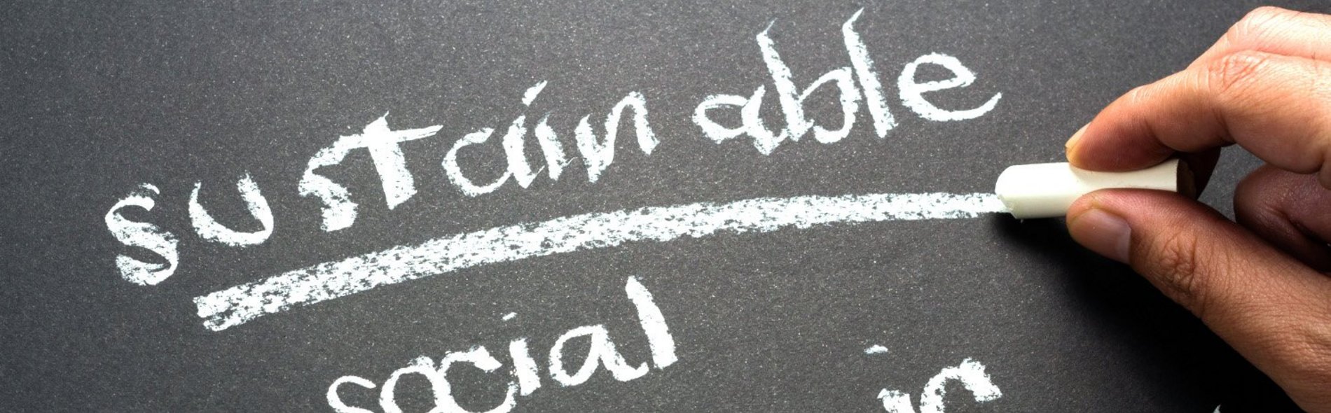 Foto einer Kreidetafel, auf die eine Person die Wörter "sustainable", "social", "economic" und "environment" schreibt.